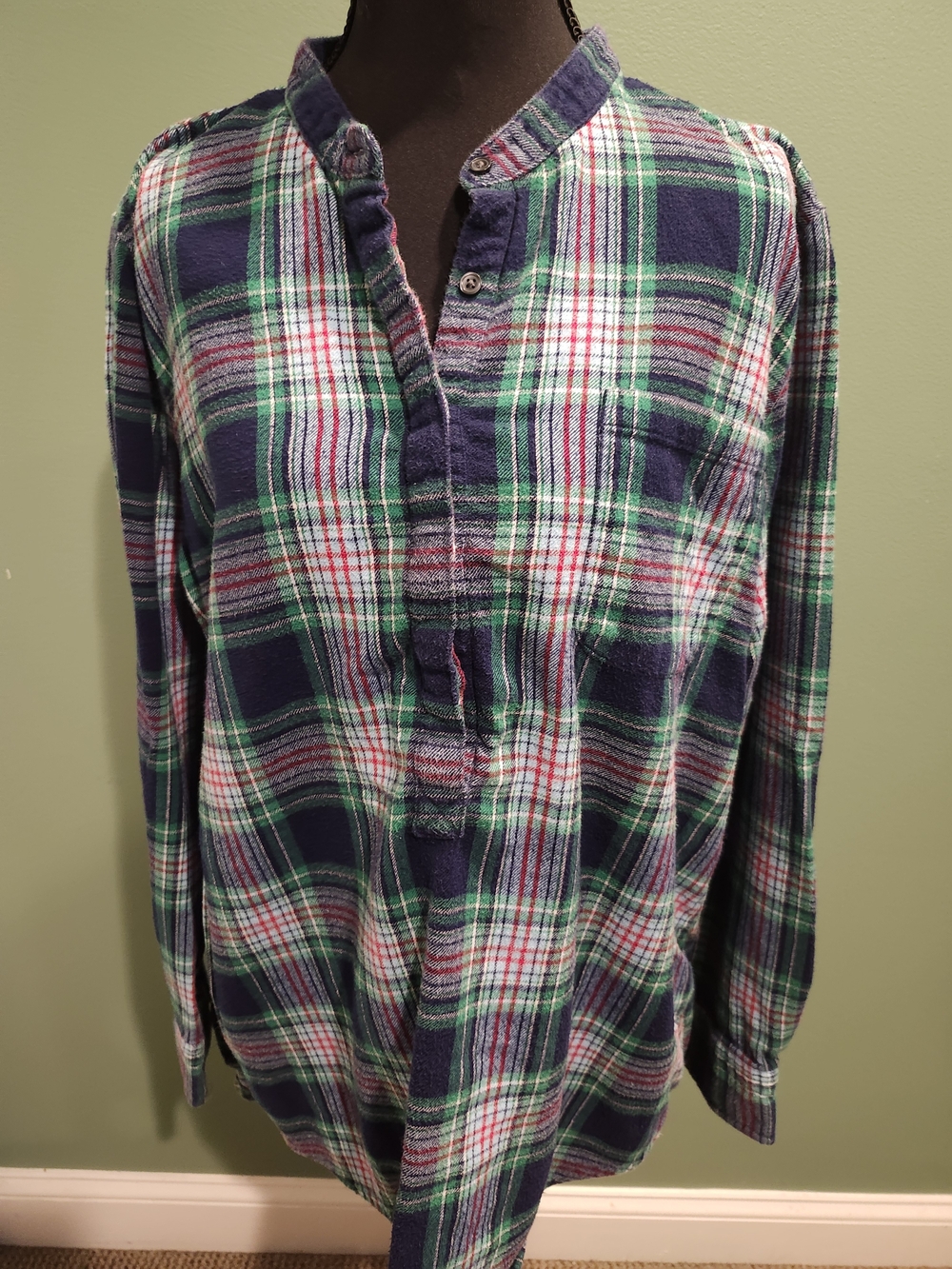 Woman's Plaid Flannel Shirt - Navy, Green & White